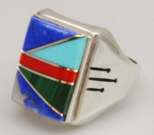 Load image into Gallery viewer, Antique SIGNED Ostby &amp; Barton Turquoise Lapis Malachite Coral RARE Intarsia Inlay Silver Men's Ring