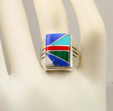 Load image into Gallery viewer, Antique SIGNED Ostby &amp; Barton Turquoise Lapis Malachite Coral RARE Intarsia Inlay Silver Men's Ring