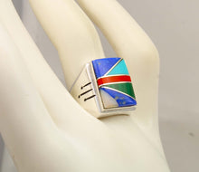 Load image into Gallery viewer, Antique SIGNED Ostby &amp; Barton Turquoise Lapis Malachite Coral RARE Intarsia Inlay Silver Men's Ring