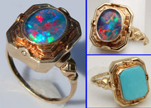 Load image into Gallery viewer, Antique 1920s Art Deco Robin's Egg Blue Turquoise &amp; Opal 10k Gold Cocktail RARE Reversible Flip Ring