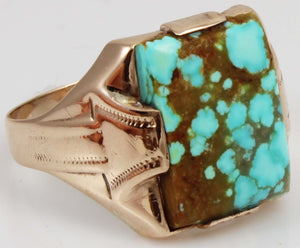 Antique 1920's Art Deco Ostby & Barton RARE Natural #8 Mine Turquoise 10k Solid Rose Gold Men's Ring