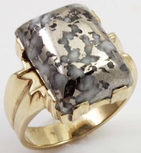 HEAVY Antique 1920's Art Deco LARGE RARE Natural Silver Ore in Quartz 10k Solid Gold Men's Ring