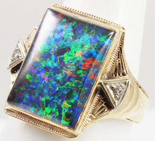 Load image into Gallery viewer, Antique 1920&#39;s Art Deco LARGE BRIGHT RAINBOW RARE Natural Opal &amp; 2 Diamond 10k Solid Gold Men&#39;s Ring of