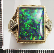 Load image into Gallery viewer, Antique 1920&#39;s Art Deco LARGE BRIGHT RAINBOW RARE Natural Opal &amp; 2 Diamond 10k Solid Gold Men&#39;s Ring of