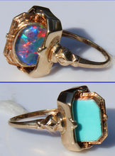 Load image into Gallery viewer, Antique 1920s Art Deco Robin's Egg Blue Turquoise &amp; Opal 10k Gold Cocktail RARE Reversible Flip Ring