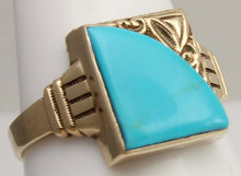 Load image into Gallery viewer, Antique SIGNED GOTHIC 1930s Late Period Art Deco Robin's Egg Blue Turquoise 10k Solid Gold Mens Ring