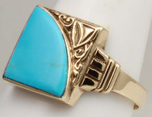 Load image into Gallery viewer, Antique SIGNED GOTHIC 1930s Late Period Art Deco Robin's Egg Blue Turquoise 10k Solid Gold Mens Ring