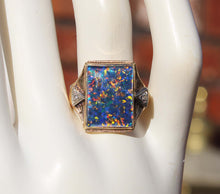 Load image into Gallery viewer, Antique 1920&#39;s Art Deco LARGE BRIGHT RAINBOW RARE Natural Opal &amp; 2 Diamond 10k Solid Gold Men&#39;s Ring of