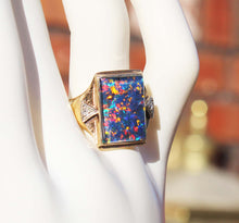 Load image into Gallery viewer, Antique 1920&#39;s Art Deco LARGE BRIGHT RAINBOW RARE Natural Opal &amp; 2 Diamond 10k Solid Gold Men&#39;s Ring of