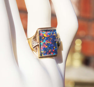 Antique 1920's Art Deco LARGE BRIGHT RAINBOW RARE Natural Opal & 2 Diamond 10k Solid Gold Men's Ring of