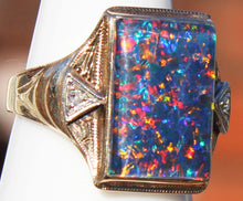 Load image into Gallery viewer, Antique 1920&#39;s Art Deco LARGE BRIGHT RAINBOW RARE Natural Opal &amp; 2 Diamond 10k Solid Gold Men&#39;s Ring of