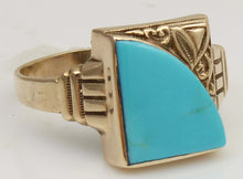 Load image into Gallery viewer, Antique SIGNED GOTHIC 1930s Late Period Art Deco Robin's Egg Blue Turquoise 10k Solid Gold Mens Ring