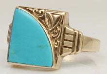 Load image into Gallery viewer, Antique SIGNED GOTHIC 1930s Late Period Art Deco Robin's Egg Blue Turquoise 10k Solid Gold Mens Ring