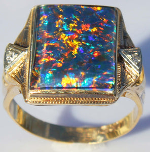 Antique 1920's Art Deco LARGE BRIGHT RAINBOW RARE Natural Opal & 2 Diamond 10k Solid Gold Men's Ring of