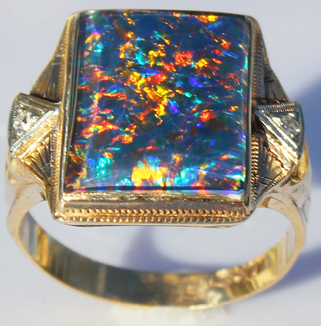 Antique 1920's Art Deco LARGE BRIGHT RAINBOW RARE Natural Opal & 2 Diamond 10k Solid Gold Men's Ring of