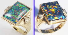 Load image into Gallery viewer, Antique 1920&#39;s Art Deco LARGE BRIGHT RAINBOW RARE Natural Opal &amp; 2 Diamond 10k Solid Gold Men&#39;s Ring of