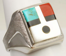 Load image into Gallery viewer, Vintage Southwestern 1950's Natural Turquoise Pearl Jasper Onyx RARE Intarsia Inlay Silver Mens Ring
