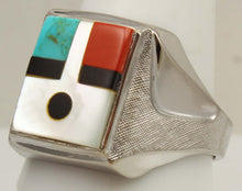 Load image into Gallery viewer, Vintage Southwestern 1950's Natural Turquoise Pearl Jasper Onyx RARE Intarsia Inlay Silver Mens Ring
