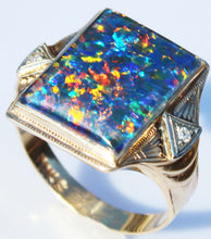 Load image into Gallery viewer, Antique 1920&#39;s Art Deco LARGE BRIGHT RAINBOW RARE Natural Opal &amp; 2 Diamond 10k Solid Gold Men&#39;s Ring of