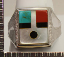 Load image into Gallery viewer, Vintage Southwestern 1950's Natural Turquoise Pearl Jasper Onyx RARE Intarsia Inlay Silver Mens Ring