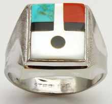 Load image into Gallery viewer, Vintage Southwestern 1950's Natural Turquoise Pearl Jasper Onyx RARE Intarsia Inlay Silver Mens Ring
