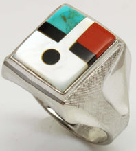 Load image into Gallery viewer, Vintage Southwestern 1950's Natural Turquoise Pearl Jasper Onyx RARE Intarsia Inlay Silver Mens Ring