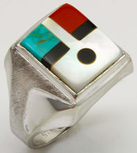 Load image into Gallery viewer, Vintage Southwestern 1950's Natural Turquoise Pearl Jasper Onyx RARE Intarsia Inlay Silver Mens Ring