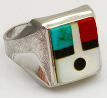 Load image into Gallery viewer, Vintage Southwestern 1950's Natural Turquoise Pearl Jasper Onyx RARE Intarsia Inlay Silver Mens Ring