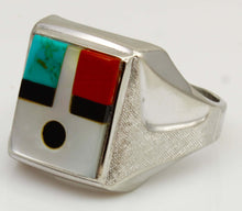 Load image into Gallery viewer, Vintage Southwestern 1950's Natural Turquoise Pearl Jasper Onyx RARE Intarsia Inlay Silver Mens Ring