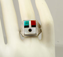 Load image into Gallery viewer, Vintage Southwestern 1950's Natural Turquoise Pearl Jasper Onyx RARE Intarsia Inlay Silver Mens Ring
