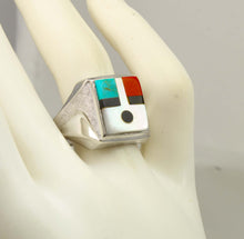 Load image into Gallery viewer, Vintage Southwestern 1950's Natural Turquoise Pearl Jasper Onyx RARE Intarsia Inlay Silver Mens Ring