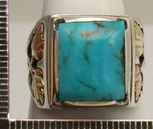 Load image into Gallery viewer, Estate RARE HIGH BLUE Natural Kingman Mine Turquoise 12k Solid Rose &amp; Green Gold &amp; Silver Men's Ring
