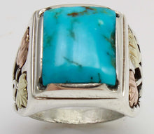 Load image into Gallery viewer, Estate RARE HIGH BLUE Natural Kingman Mine Turquoise 12k Solid Rose &amp; Green Gold &amp; Silver Men's Ring