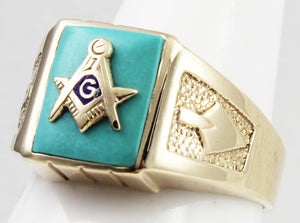 Antique 1920's Art Deco Masonic Symbol Set in Robin's Egg Blue Turquoise 10k Solid Gold Men's Ring