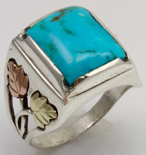 Load image into Gallery viewer, Estate RARE HIGH BLUE Natural Kingman Mine Turquoise 12k Solid Rose &amp; Green Gold &amp; Silver Men's Ring