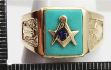 Load image into Gallery viewer, Antique 1920&#39;s Art Deco Masonic Symbol Set in Robin&#39;s Egg Blue Turquoise 10k Solid Gold Men&#39;s Ring