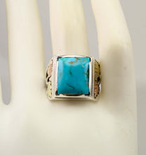Load image into Gallery viewer, Estate RARE HIGH BLUE Natural Kingman Mine Turquoise 12k Solid Rose &amp; Green Gold &amp; Silver Men's Ring