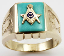 Load image into Gallery viewer, Antique 1920&#39;s Art Deco Masonic Symbol Set in Robin&#39;s Egg Blue Turquoise 10k Solid Gold Men&#39;s Ring