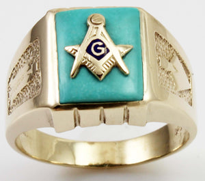 Antique 1920's Art Deco Masonic Symbol Set in Robin's Egg Blue Turquoise 10k Solid Gold Men's Ring