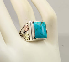 Load image into Gallery viewer, Estate RARE HIGH BLUE Natural Kingman Mine Turquoise 12k Solid Rose &amp; Green Gold &amp; Silver Men's Ring