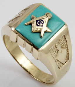 Antique 1920's Art Deco Masonic Symbol Set in Robin's Egg Blue Turquoise 10k Solid Gold Men's Ring