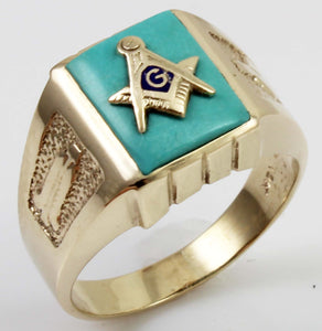 Antique 1920's Art Deco Masonic Symbol Set in Robin's Egg Blue Turquoise 10k Solid Gold Men's Ring