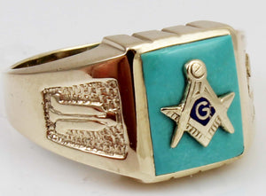 Antique 1920's Art Deco Masonic Symbol Set in Robin's Egg Blue Turquoise 10k Solid Gold Men's Ring