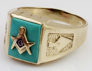 Antique 1920's Art Deco Masonic Symbol Set in Robin's Egg Blue Turquoise 10k Solid Gold Men's Ring