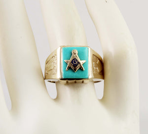 Antique 1920's Art Deco Masonic Symbol Set in Robin's Egg Blue Turquoise 10k Solid Gold Men's Ring