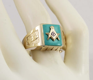 Antique 1920's Art Deco Masonic Symbol Set in Robin's Egg Blue Turquoise 10k Solid Gold Men's Ring