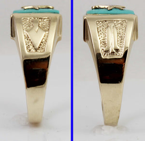 Antique 1920's Art Deco Masonic Symbol Set in Robin's Egg Blue Turquoise 10k Solid Gold Men's Ring