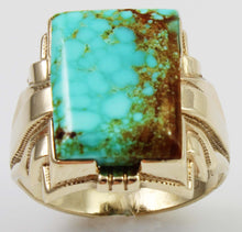 Load image into Gallery viewer, Antique 1920&#39;s Art Deco SIGNED Ostby &amp; Barton RARE #8 Mine Nevada Turquoise 10k Solid Gold Mens Ring