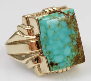 Antique 1920's Art Deco SIGNED Ostby & Barton RARE #8 Mine Nevada Turquoise 10k Solid Gold Mens Ring