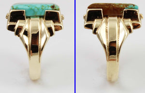 Antique 1920's Art Deco SIGNED Ostby & Barton RARE #8 Mine Nevada Turquoise 10k Solid Gold Mens Ring